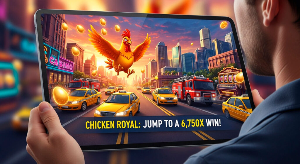 Cartoon chicken dodging taxi on city street for Chicken Royal slot Australia