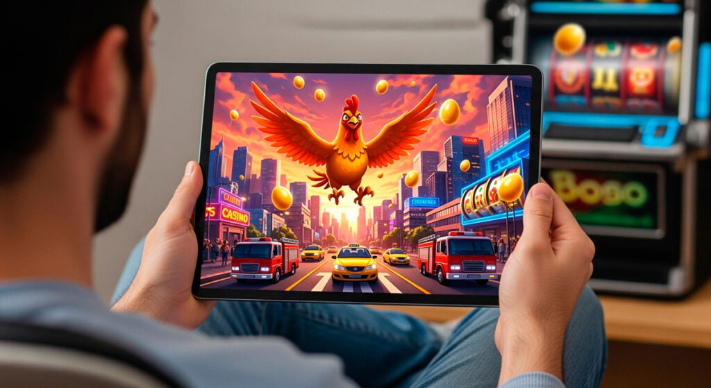 Cartoon chicken with wild multipliers on slot reels for Chicken Royal tutorial