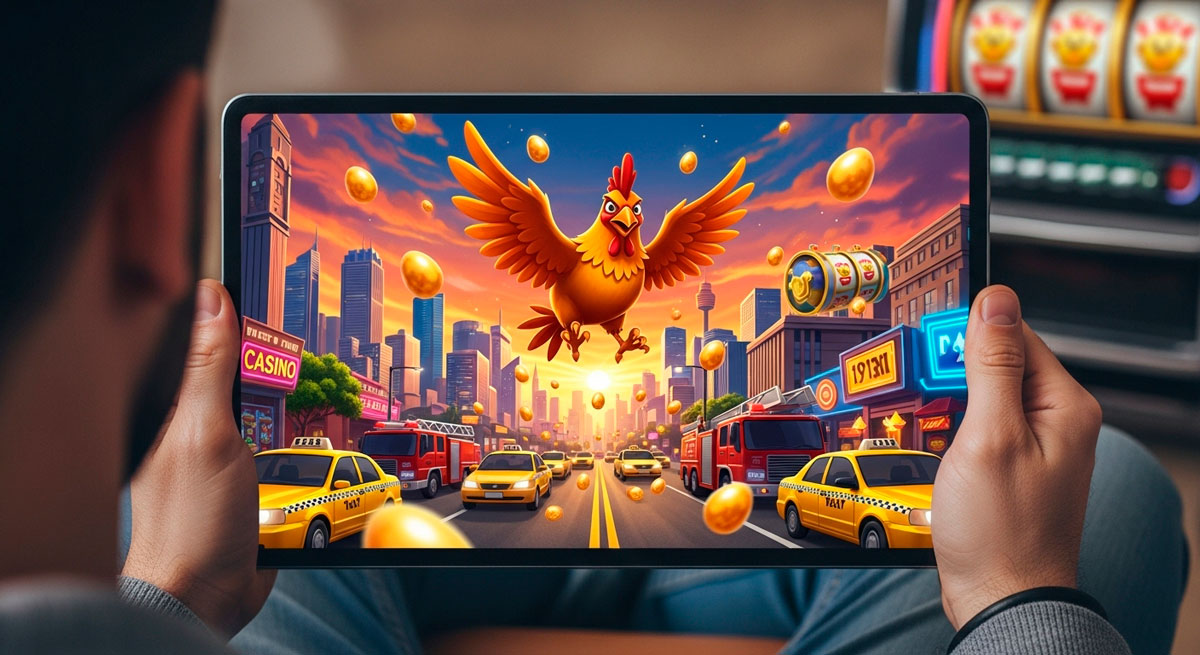 Cartoon chicken with AUD bills on city rooftop for Chicken Royal bonuses